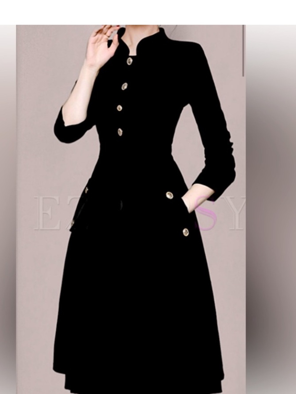 Ezpopsy Black Velvet Fit & Flare Medium Dress with Gold Accent Buttons
